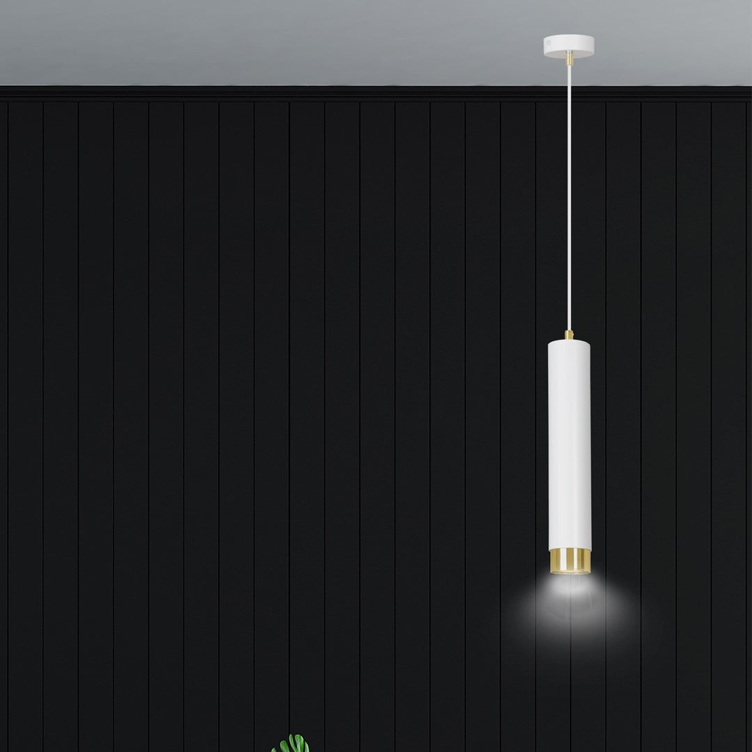 Hanglamp gepoedercoat staal modern Kibo wit met goud, buisvormig, 8 x 100 cm, voor woonkamer of keuken
