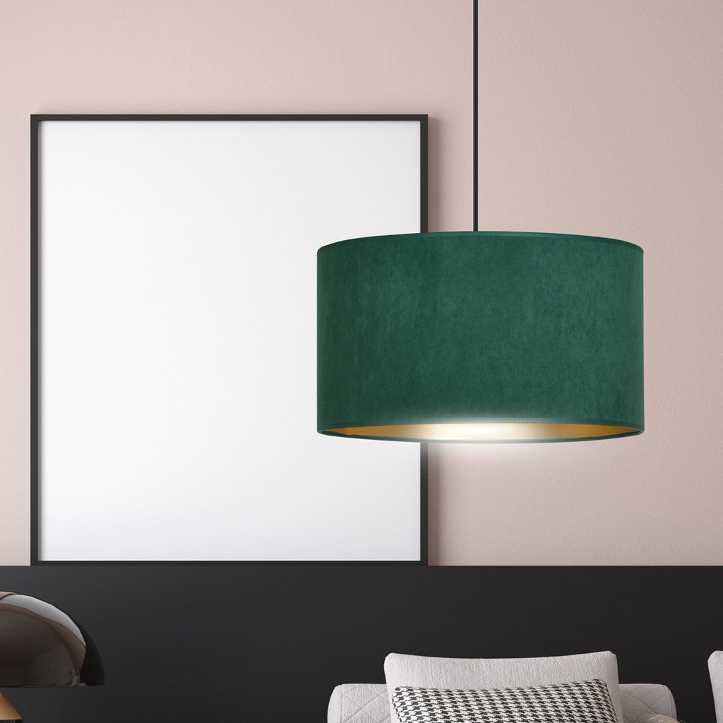Hanglamp stof en gepoedercoat staal Hilde, groen met gouden binnenkant, Ø 35 cm, 1 lichtpunt, eettafel en woonkamer