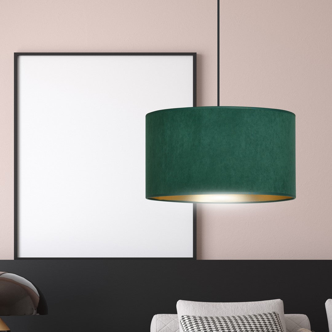 Hanglamp stof en gepoedercoat staal Hilde, groen met gouden binnenkant, Ø 35 cm, 1 lichtpunt, eettafel en woonkamer