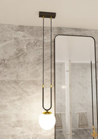 Hanglamp Glam gepoedercoat staal en glas, retro, zwart met witte glazen kap Ø 15 cm, woonkamer, eetkamer en hal