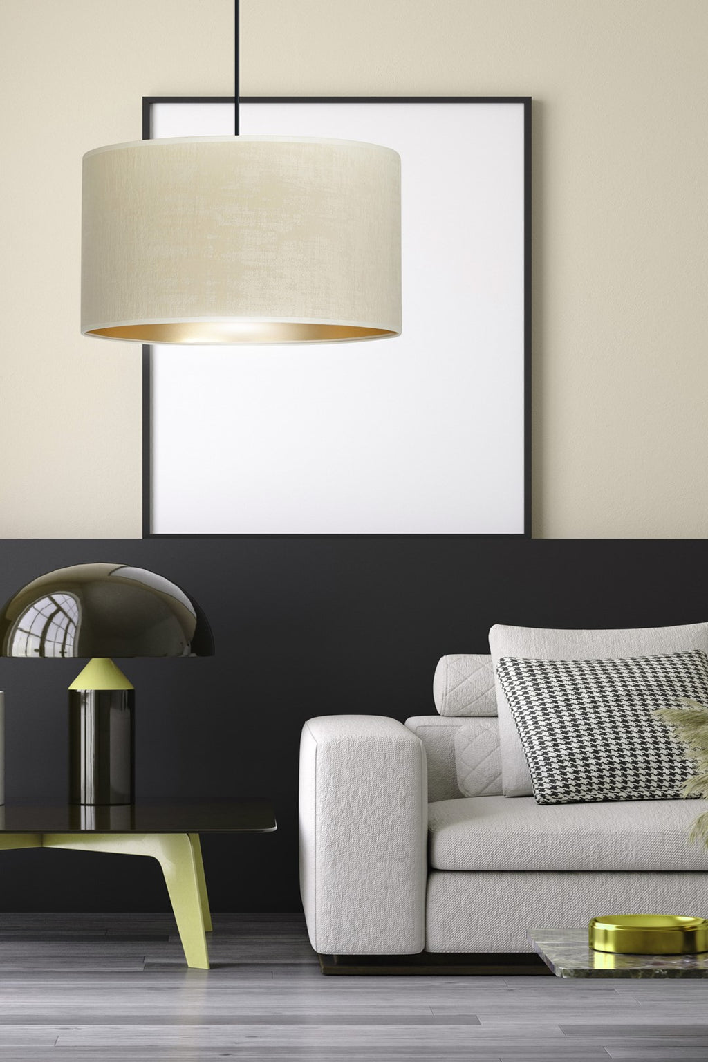 Hanglamp Hilde gepoedercoat staal en stof, minimalistisch, wit met gouden binnenzijde, Ø 35 cm, verstelbare hoogte