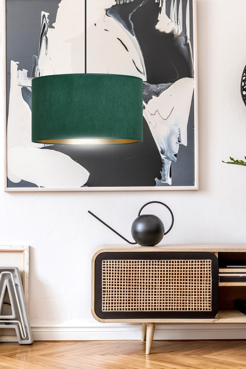 Hanglamp stof en gepoedercoat staal Hilde, groen met gouden binnenkant, Ø 35 cm, 1 lichtpunt, eettafel en woonkamer