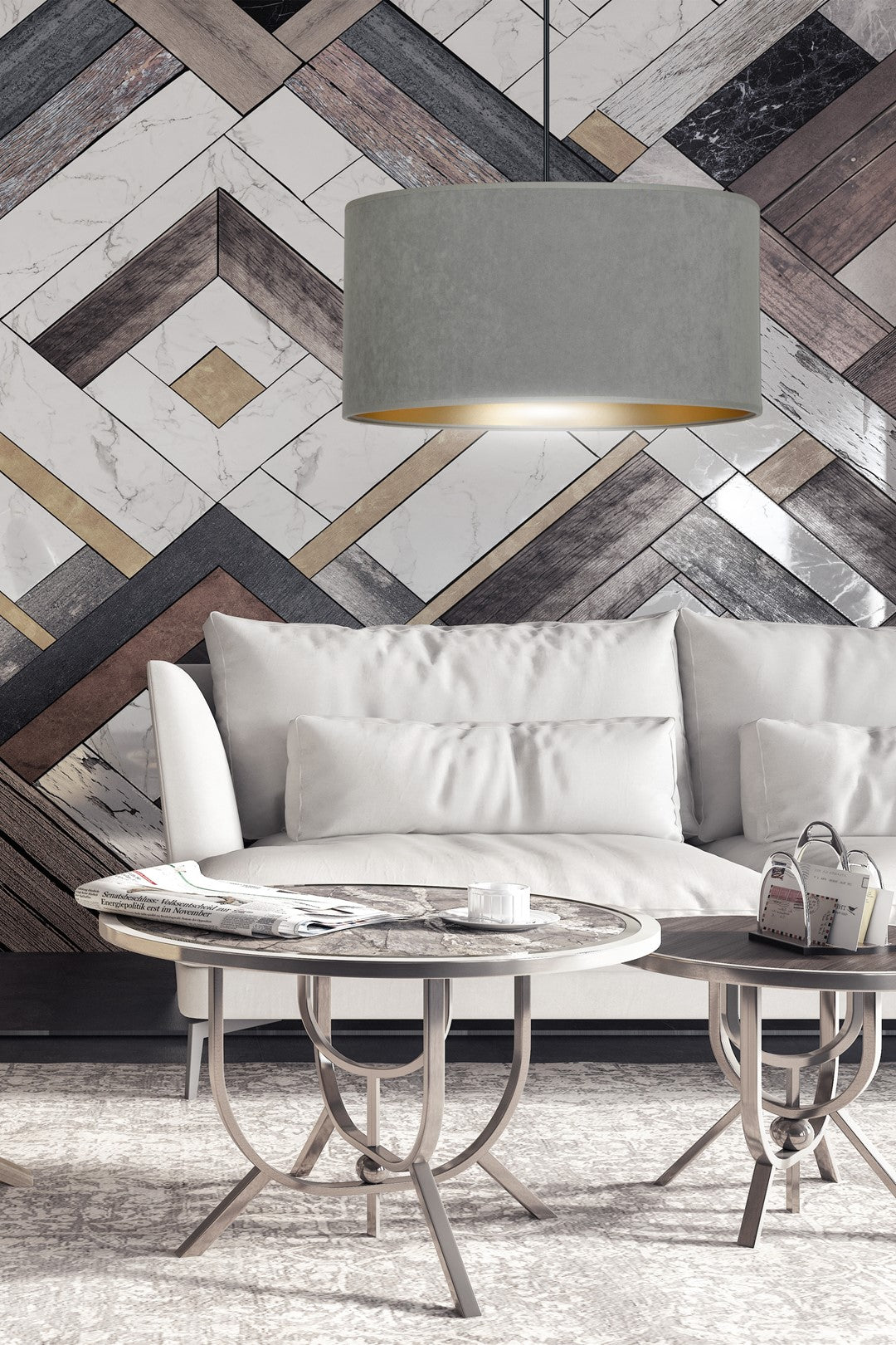 Hanglamp stof en gepoedercoat staal Hilde grijs met gouden binnenzijde Ø 35 cm, woonkamer en eetkamer