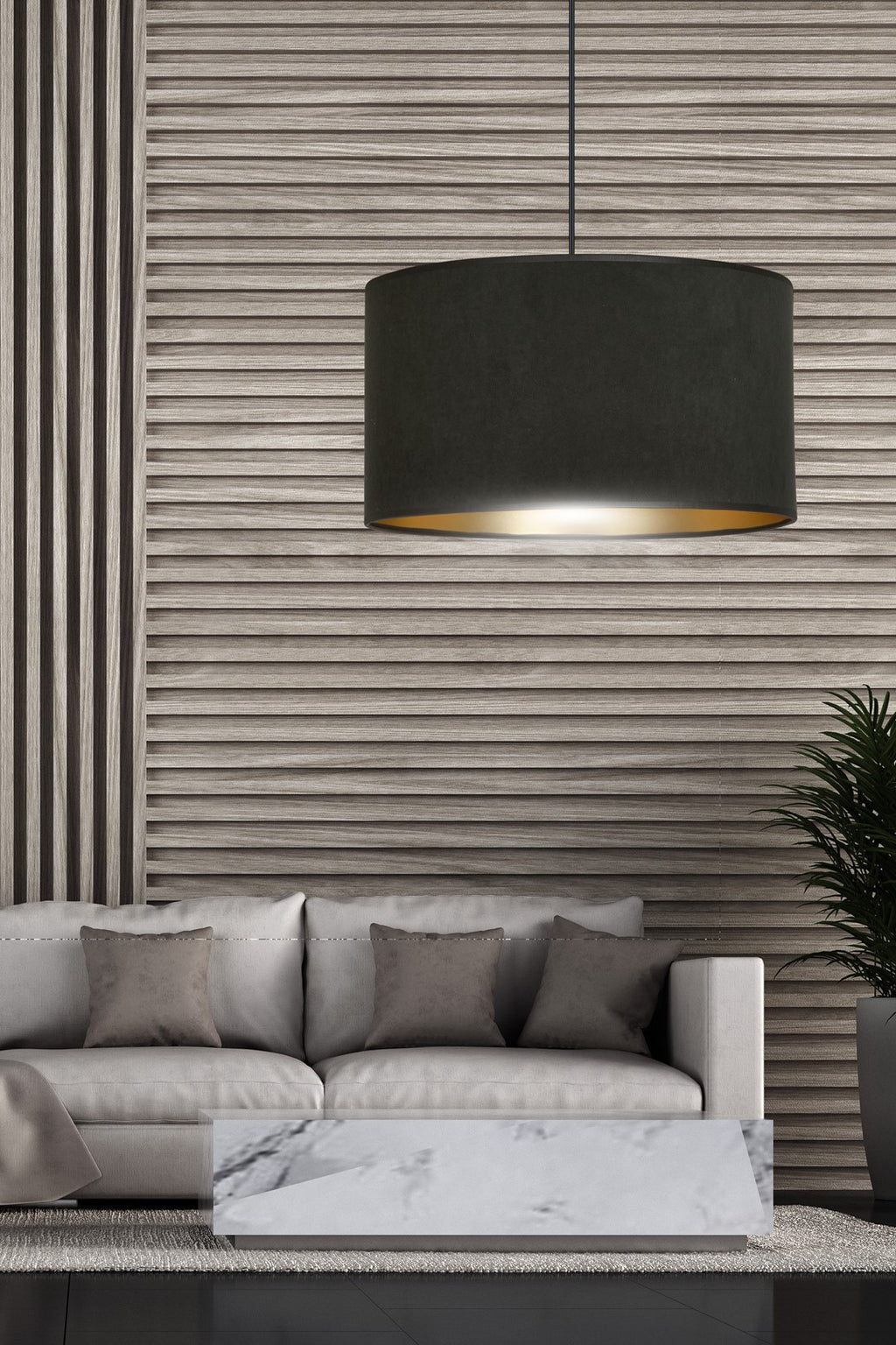 Hanglamp gepoedercoat staal en stof Hilde zwart met gouden binnenkant Ø 35 cm, voor eettafel, woonkamer en hal