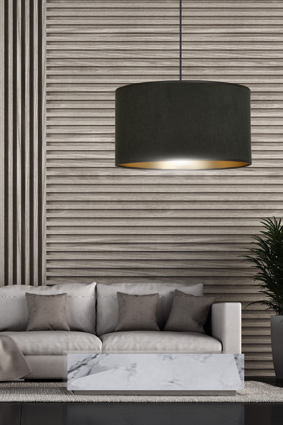 Hanglamp gepoedercoat staal en stof Hilde zwart met gouden binnenkant Ø 35 cm, voor eettafel, woonkamer en hal