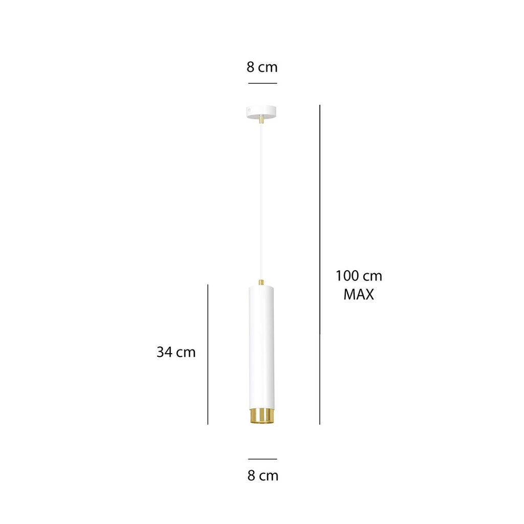 Hanglamp gepoedercoat staal modern Kibo wit met goud, buisvormig, 8 x 100 cm, voor woonkamer of keuken