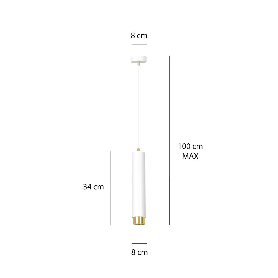 Hanglamp gepoedercoat staal modern Kibo wit met goud, buisvormig, 8 x 100 cm, voor woonkamer of keuken