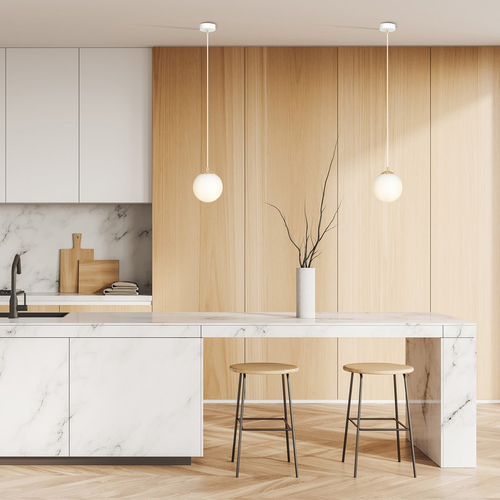 Hanglamp staal en glas retro Royal, wit met gouden accenten, Ø 14 cm kap, voor keuken, woonkamer of eetkamer