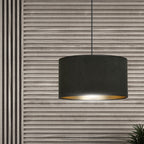Hanglamp gepoedercoat staal en stof Hilde zwart met gouden binnenkant Ø 35 cm, voor eettafel, woonkamer en hal