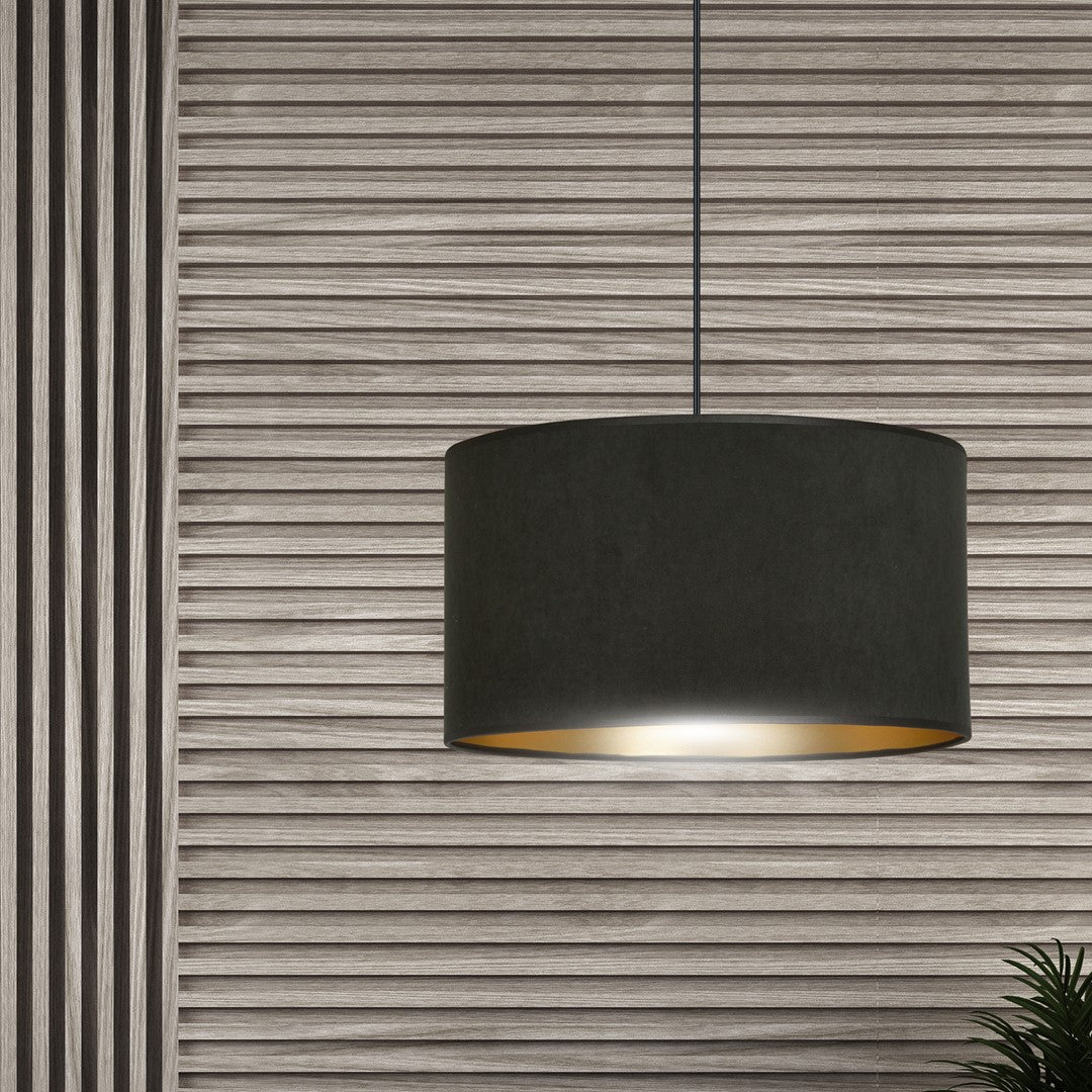 Hanglamp gepoedercoat staal en stof Hilde zwart met gouden binnenkant Ø 35 cm, voor eettafel, woonkamer en hal
