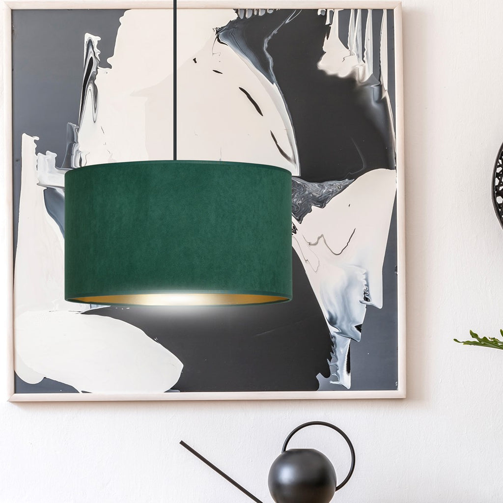 Hanglamp stof en gepoedercoat staal Hilde, groen met gouden binnenkant, Ø 35 cm, 1 lichtpunt, eettafel en woonkamer