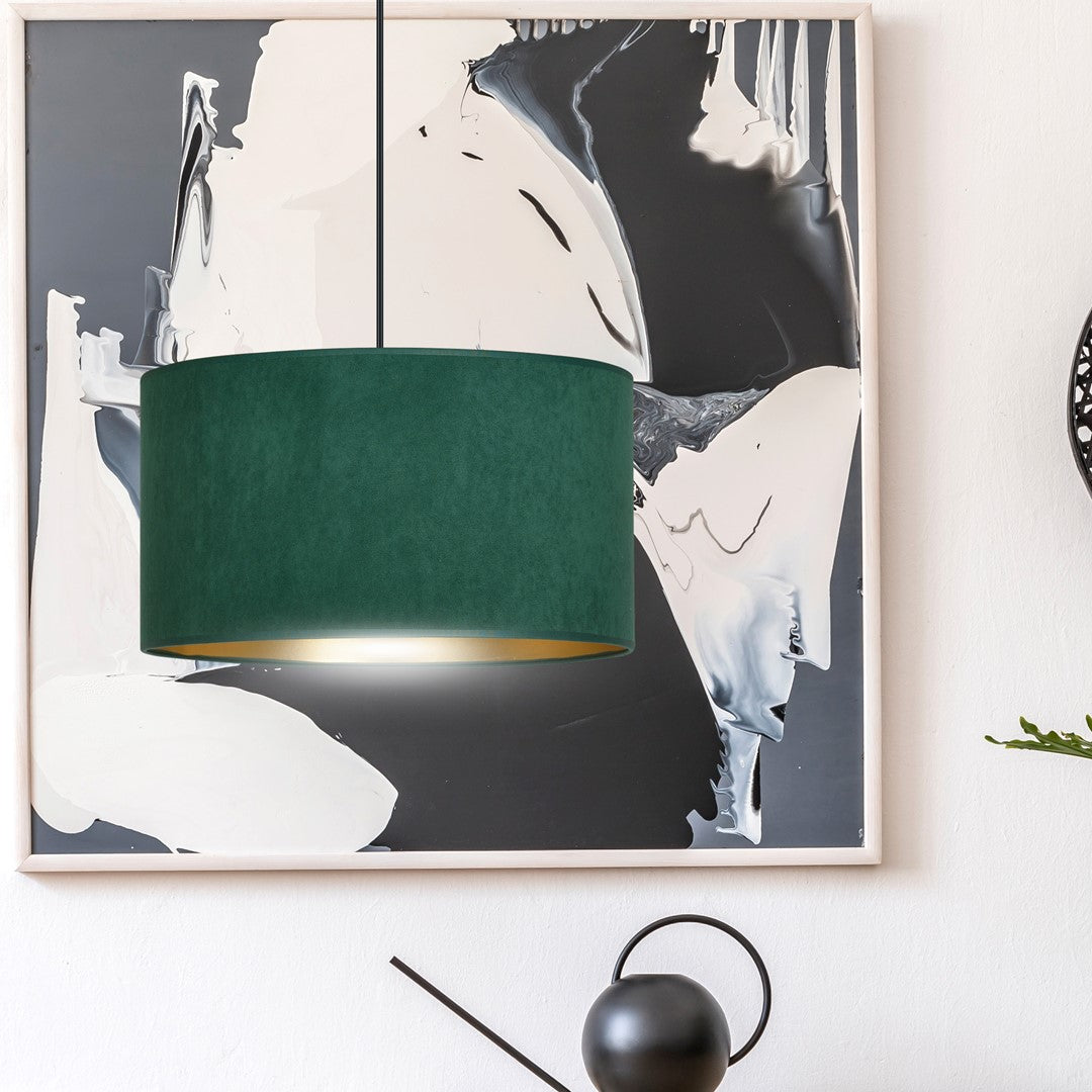 Hanglamp stof en gepoedercoat staal Hilde, groen met gouden binnenkant, Ø 35 cm, 1 lichtpunt, eettafel en woonkamer