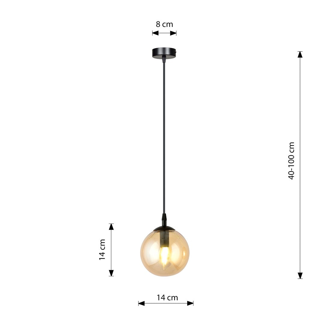 Hanglamp Cosmo gepoedercoat staal en glas, amber kap Ø 14 cm, zwart frame, 1 fitting E14, modern