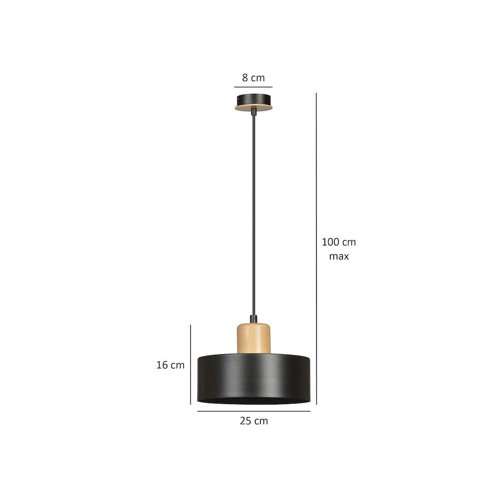 Hanglamp gepoedercoat staal en hout Torin zwart 25 cm, verstelbare hoogte, boven eettafel of kookeiland