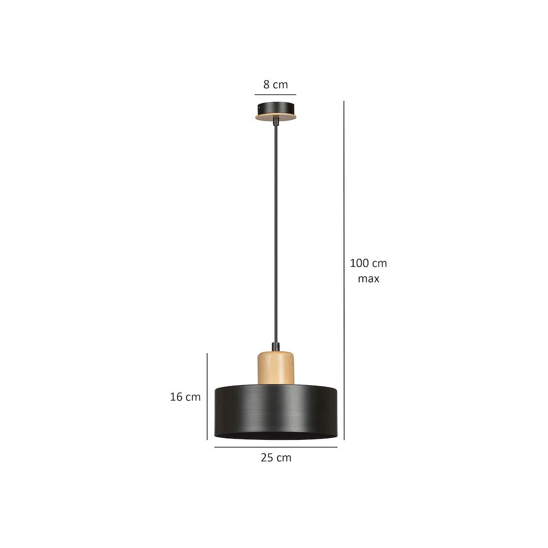 Hanglamp gepoedercoat staal en hout Torin zwart 25 cm, verstelbare hoogte, boven eettafel of kookeiland