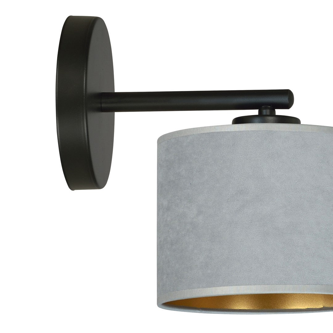Wandlamp gepoedercoat staal en stof Hilde minimalistisch zwart met grijze kap Ø 20 cm, E27 voor woonkamer en slaapkamer