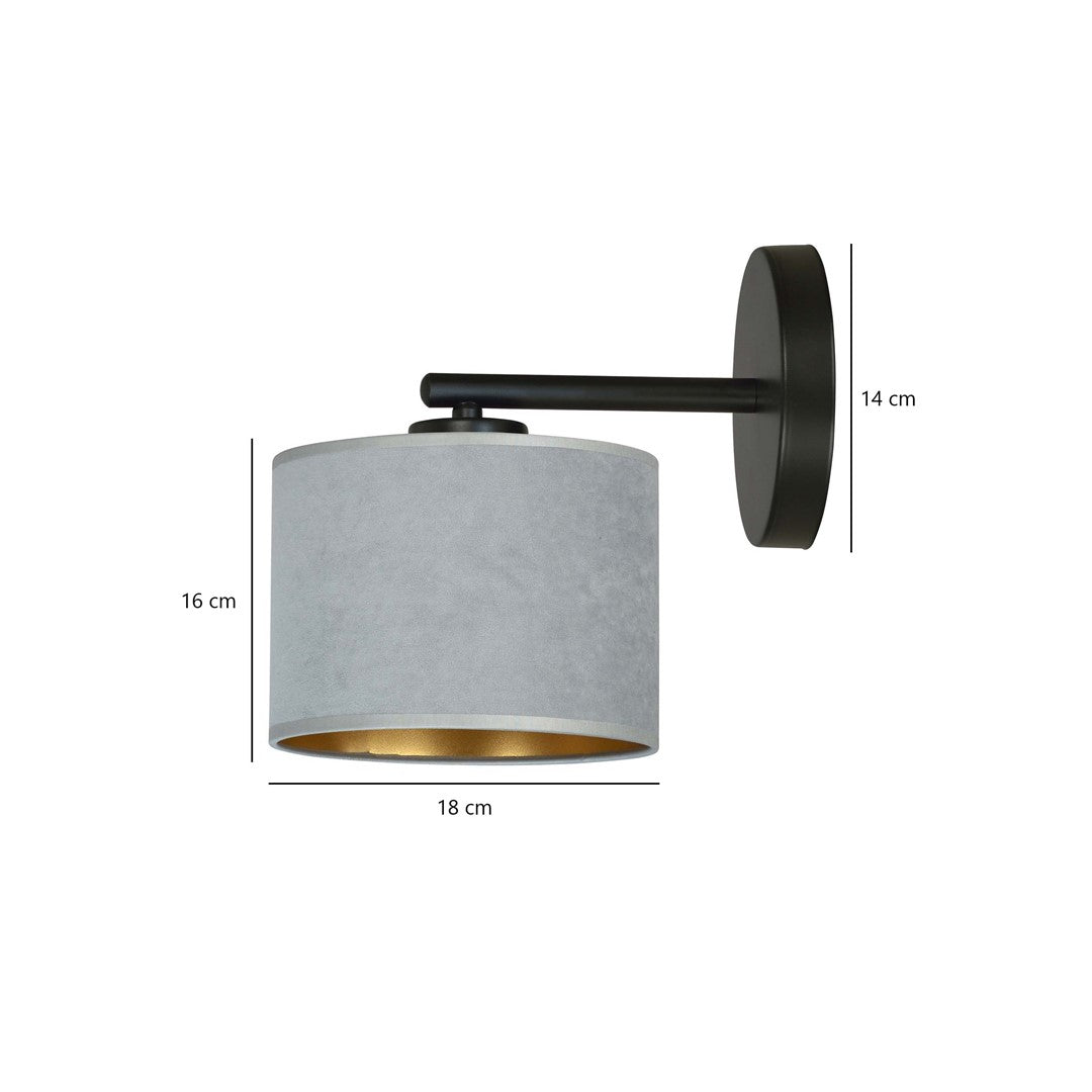 Wandlamp gepoedercoat staal en stof Hilde minimalistisch zwart met grijze kap Ø 20 cm, E27 voor woonkamer en slaapkamer