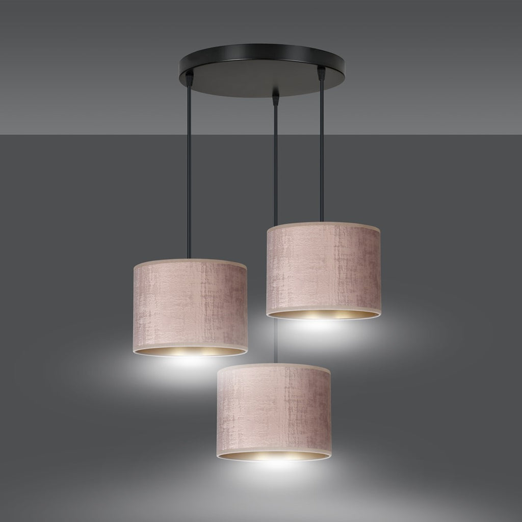 Hanglamp Hilde stof en gepoedercoat staal, roze kap Ø 20 cm, 3 lichtpunten, verstelbaar snoer, eettafel