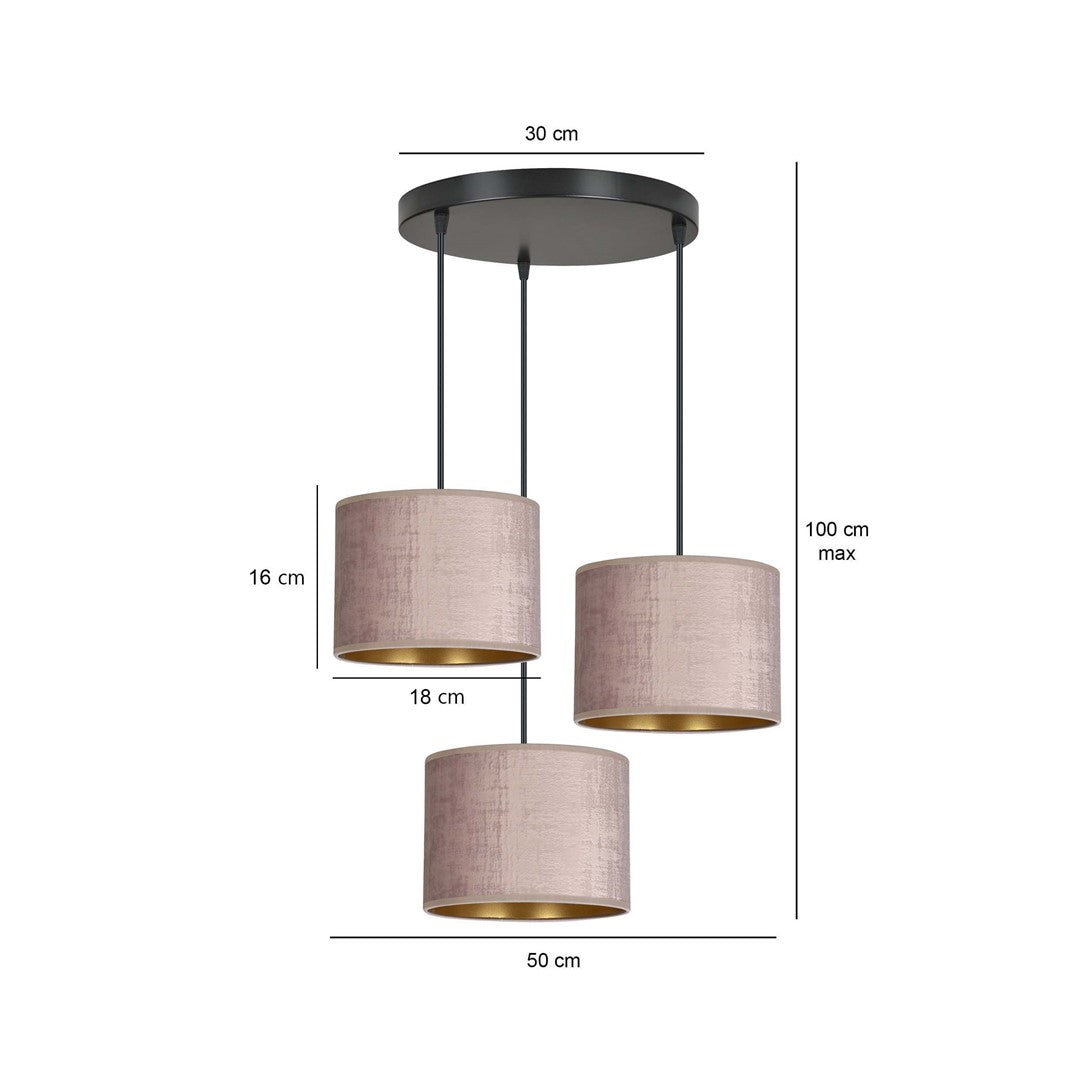 Hanglamp Hilde stof en gepoedercoat staal, roze kap Ø 20 cm, 3 lichtpunten, verstelbaar snoer, eettafel
