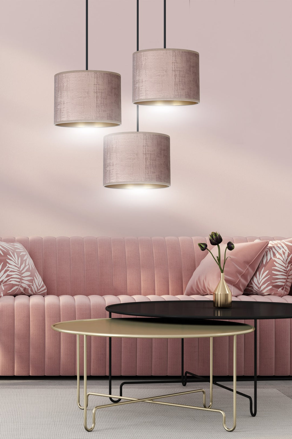 Hanglamp Hilde stof en gepoedercoat staal, roze kap Ø 20 cm, 3 lichtpunten, verstelbaar snoer, eettafel
