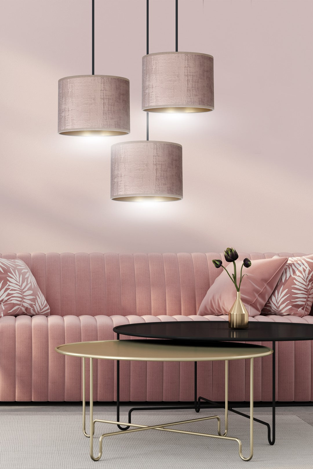 Hanglamp Hilde stof en gepoedercoat staal, roze kap Ø 20 cm, 3 lichtpunten, verstelbaar snoer, eettafel