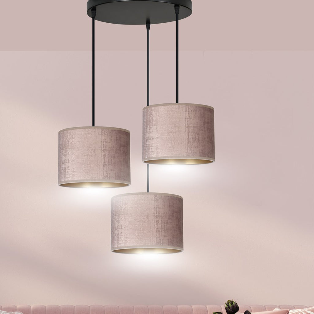 Hanglamp Hilde stof en gepoedercoat staal, roze kap Ø 20 cm, 3 lichtpunten, verstelbaar snoer, eettafel