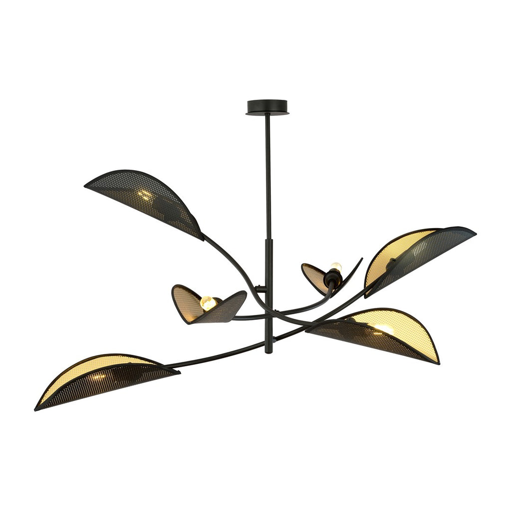 Plafondlamp gepoedercoat staal en stof Lotus 6 lichts, zwart en goud, 102 cm breed, woonkamer en slaapkamer