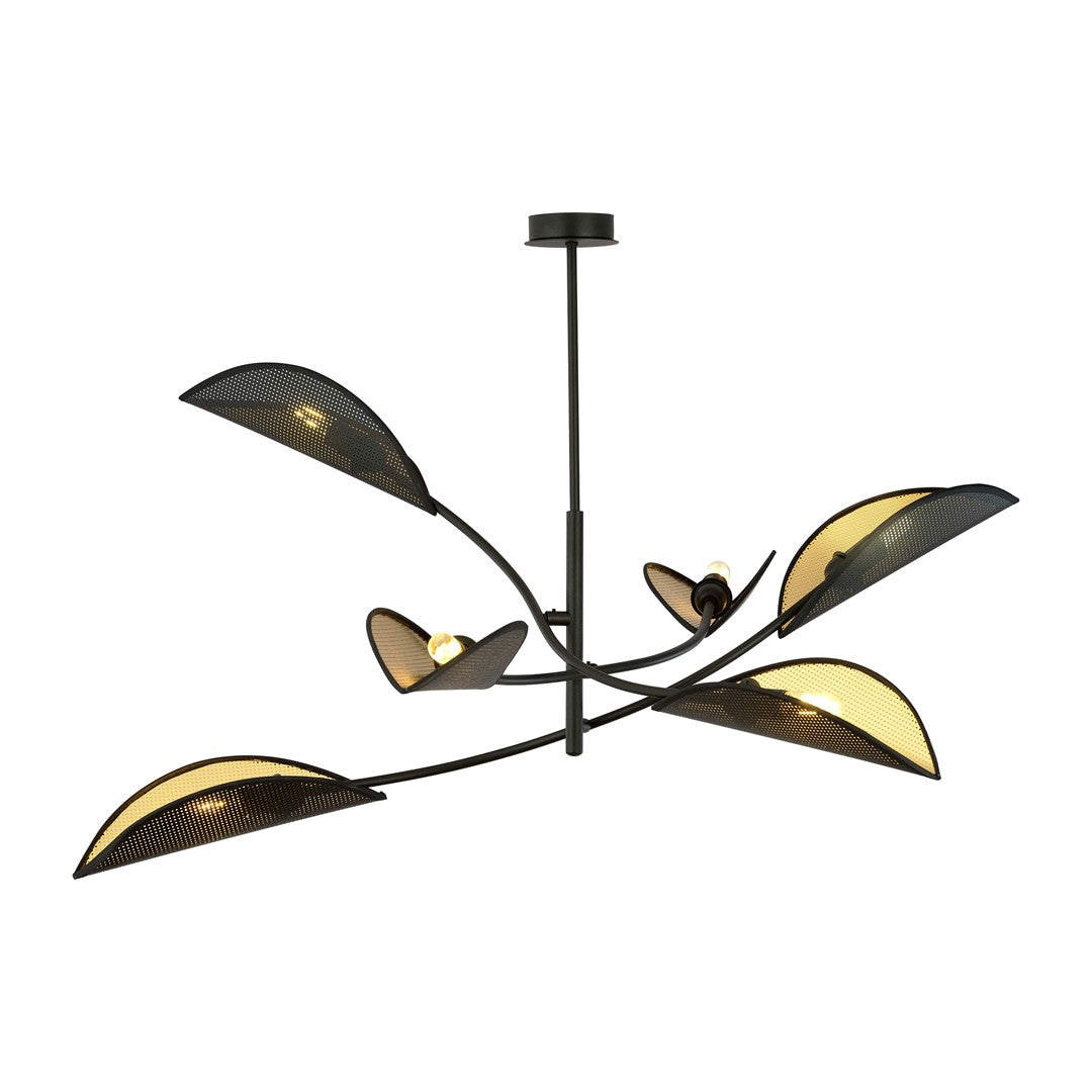 Plafondlamp gepoedercoat staal en stof Lotus 6 lichts, zwart en goud, 102 cm breed, woonkamer en slaapkamer