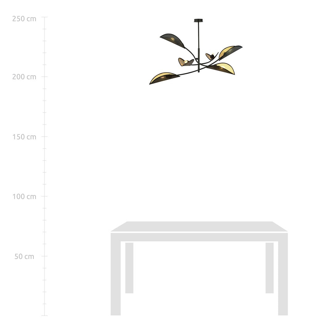 Plafondlamp gepoedercoat staal en stof Lotus 6 lichts, zwart en goud, 102 cm breed, woonkamer en slaapkamer