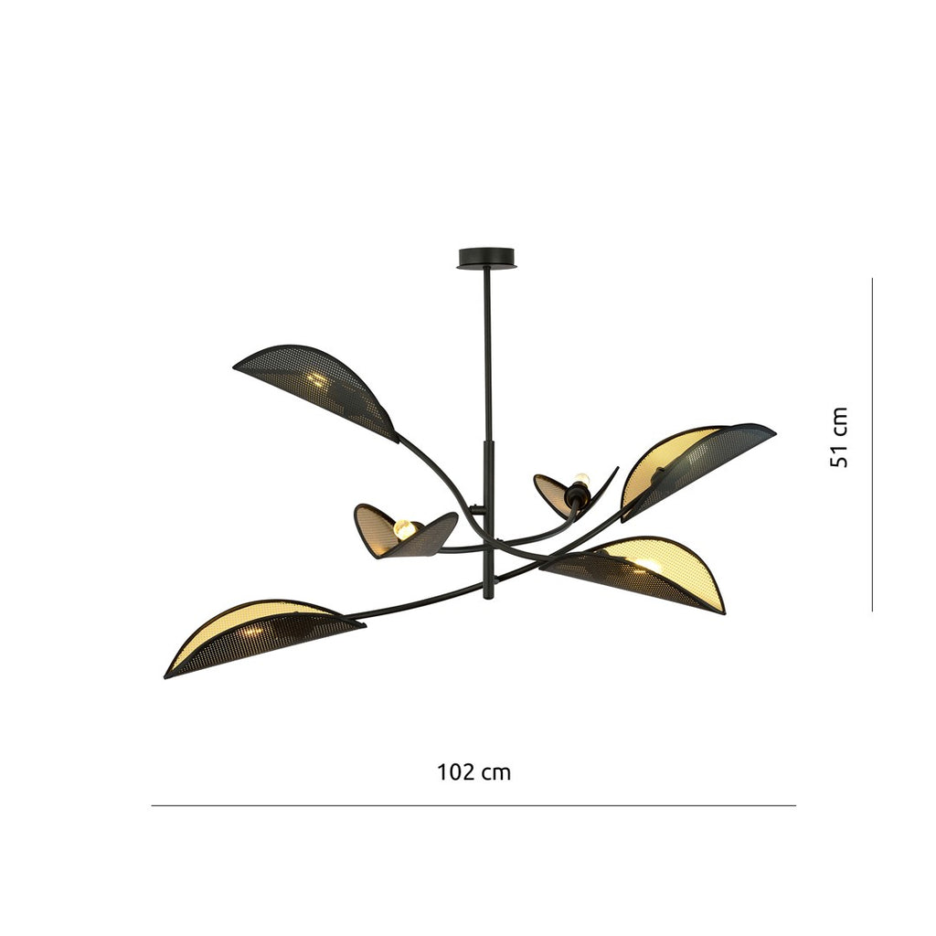 Plafondlamp gepoedercoat staal en stof Lotus 6 lichts, zwart en goud, 102 cm breed, woonkamer en slaapkamer