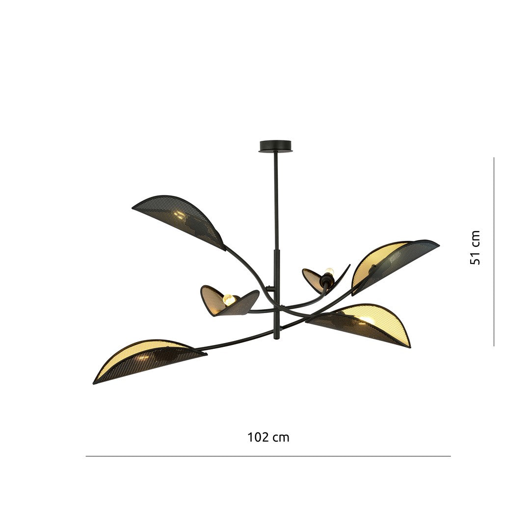 Plafondlamp gepoedercoat staal en stof Lotus 6 lichts, zwart en goud, 102 cm breed, woonkamer en slaapkamer