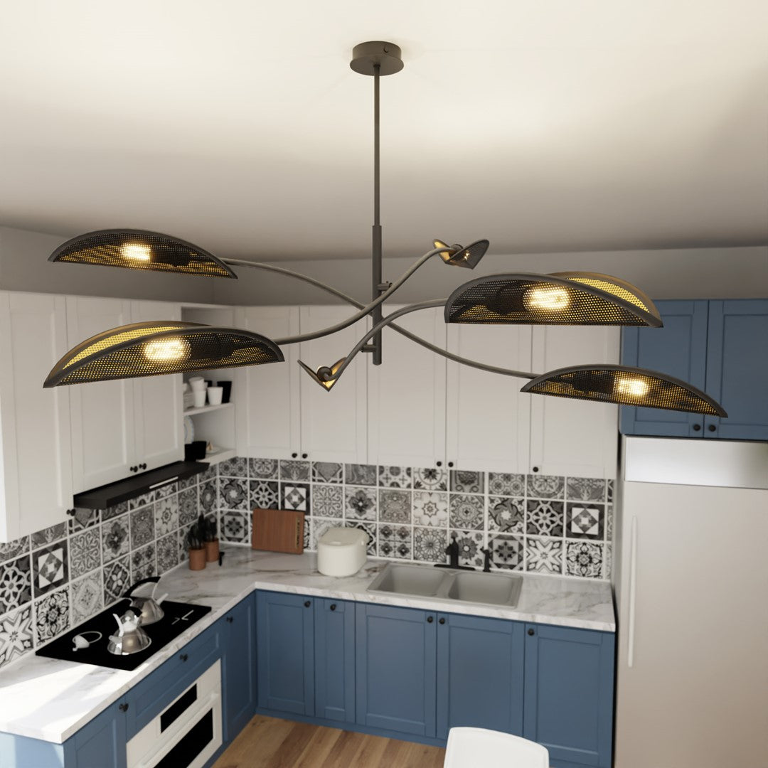Plafondlamp gepoedercoat staal en stof Lotus 6 lichts, zwart en goud, 102 cm breed, woonkamer en slaapkamer