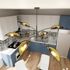 Plafondlamp gepoedercoat staal en stof Lotus 6 lichts, zwart en goud, 102 cm breed, woonkamer en slaapkamer