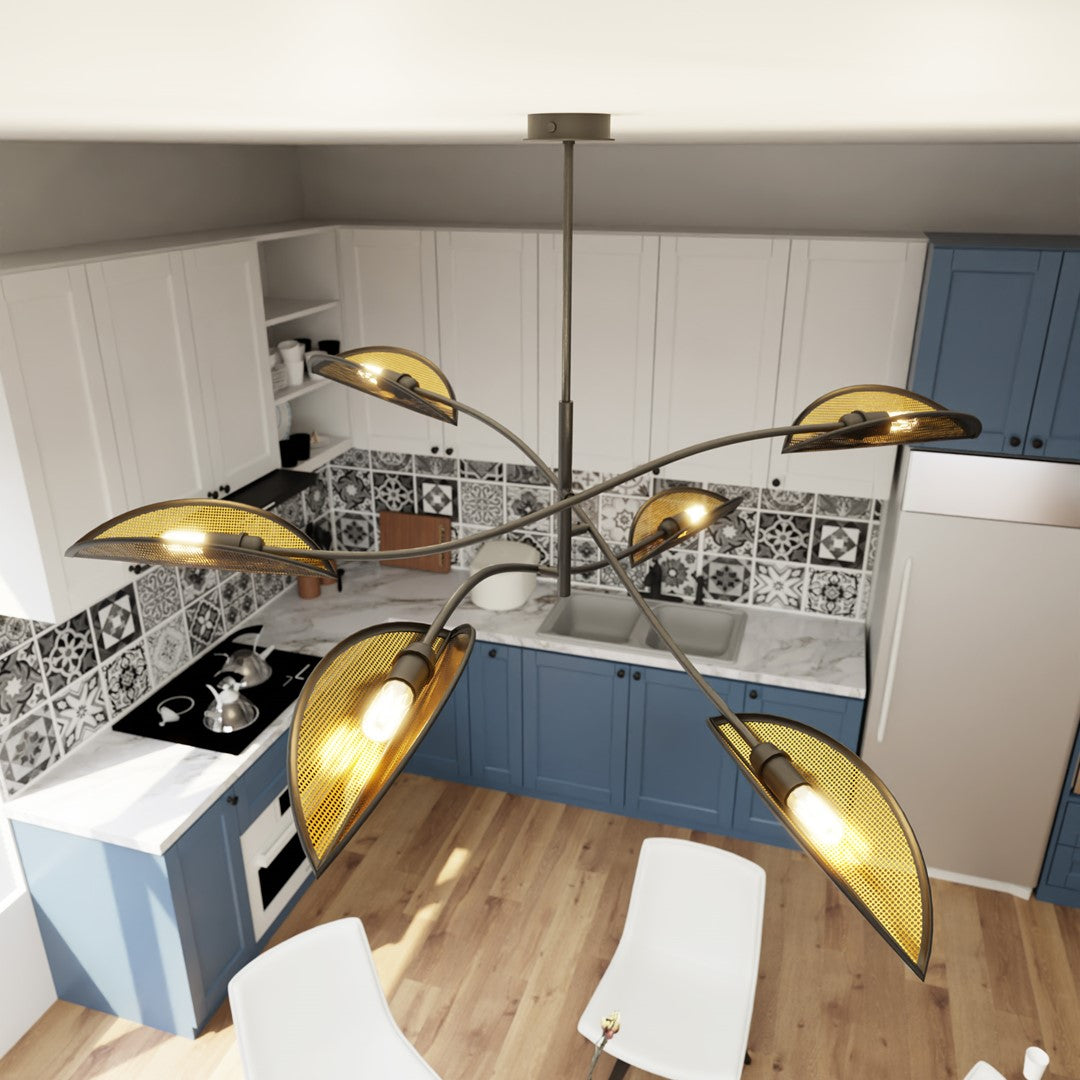Plafondlamp gepoedercoat staal en stof Lotus 6 lichts, zwart en goud, 102 cm breed, woonkamer en slaapkamer