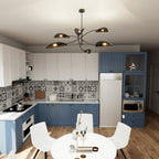 Plafondlamp gepoedercoat staal en stof Lotus 6 lichts, zwart en goud, 102 cm breed, woonkamer en slaapkamer