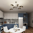 Plafondlamp gepoedercoat staal en stof Lotus 6 lichts, zwart en goud, 102 cm breed, woonkamer en slaapkamer
