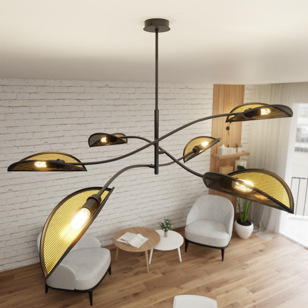 Plafondlamp gepoedercoat staal en stof Lotus 6 lichts, zwart en goud, 102 cm breed, woonkamer en slaapkamer
