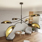 Plafondlamp gepoedercoat staal en stof Lotus 6 lichts, zwart en goud, 102 cm breed, woonkamer en slaapkamer