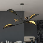 Plafondlamp gepoedercoat staal en stof Lotus 6 lichts, zwart en goud, 102 cm breed, woonkamer en slaapkamer