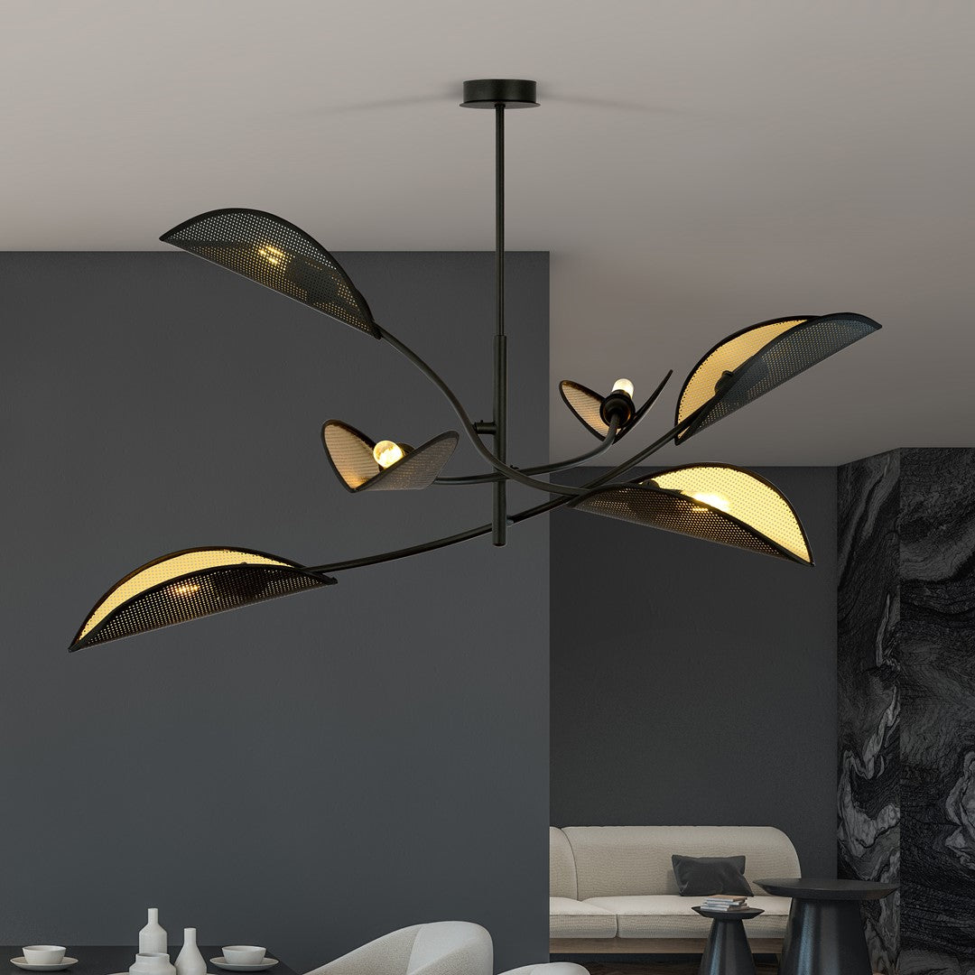 Plafondlamp gepoedercoat staal en stof Lotus 6 lichts, zwart en goud, 102 cm breed, woonkamer en slaapkamer