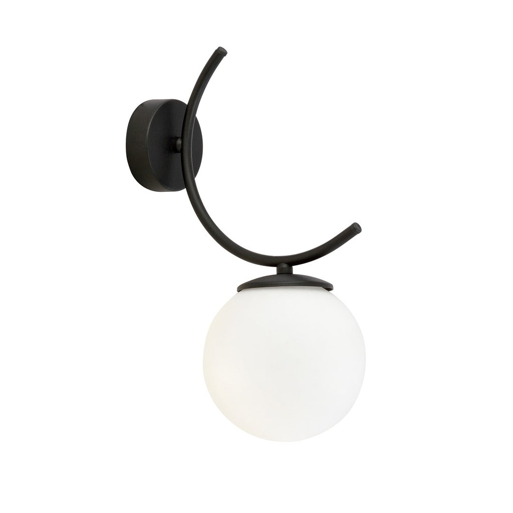 Wandlamp gepoedercoat staal en glas Boston, zwart met witte kap Ø 15 cm, 1 lichtpunt E14, woonkamer en slaapkamer