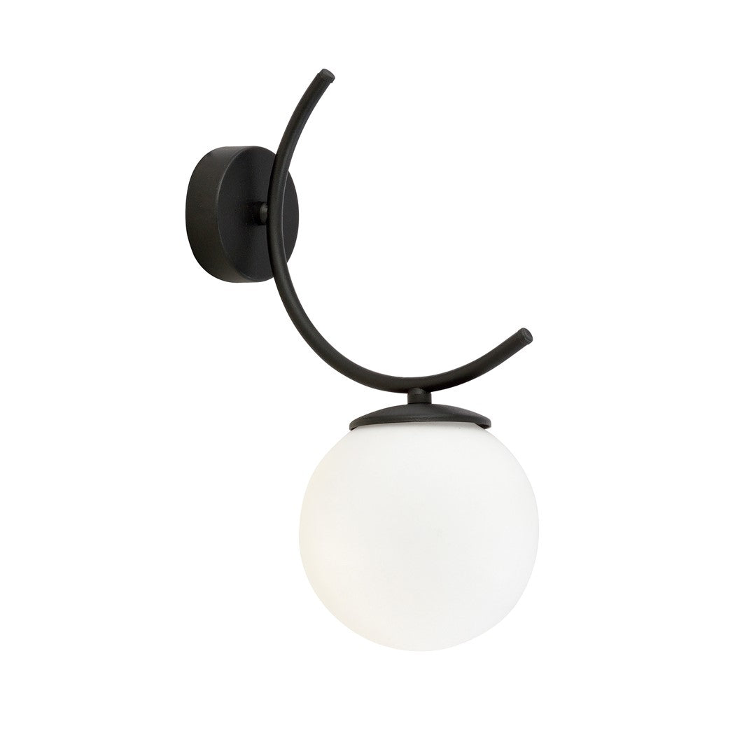 Wandlamp gepoedercoat staal en glas Boston, zwart met witte kap Ø 15 cm, 1 lichtpunt E14, woonkamer en slaapkamer