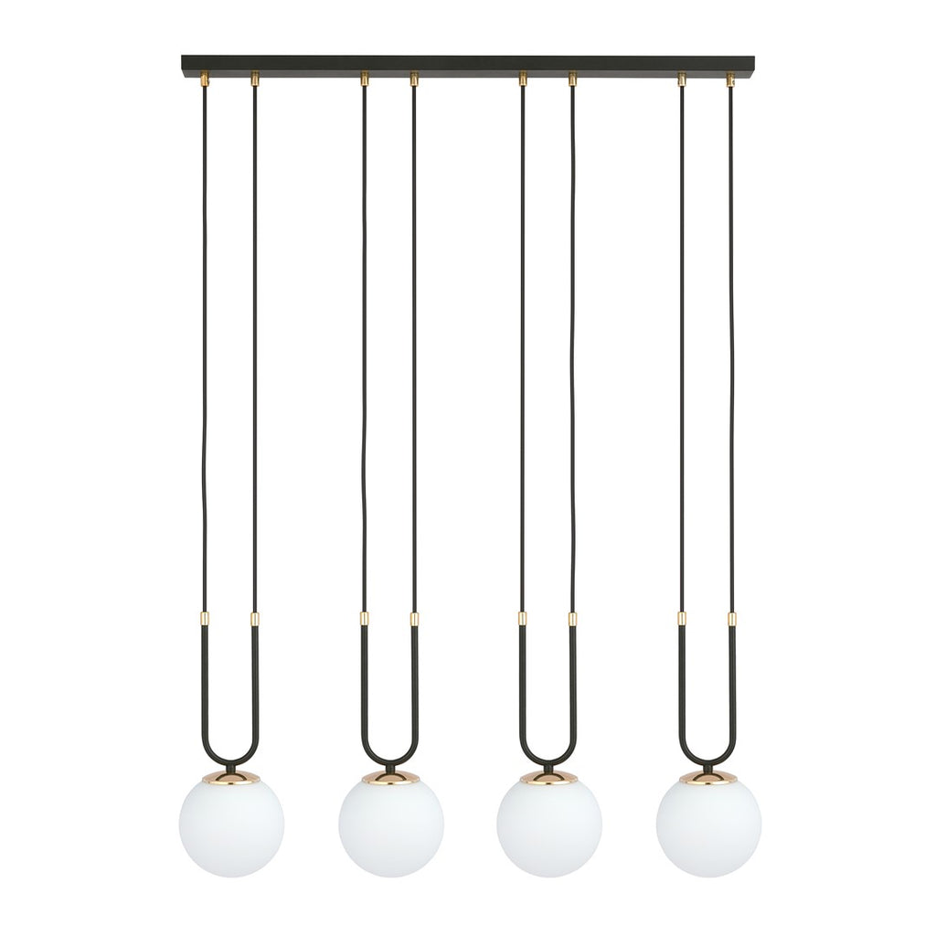 Hanglamp Glam gepoedercoat staal en glas, retro, zwart met witte glazen kappen, 4 fittingen E14, eetkamer en woonkamer
