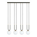Hanglamp Glam gepoedercoat staal en glas, retro, zwart met witte glazen kappen, 4 fittingen E14, eetkamer en woonkamer