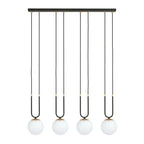 Hanglamp Glam gepoedercoat staal en glas, retro, zwart met witte glazen kappen, 4 fittingen E14, eetkamer en woonkamer