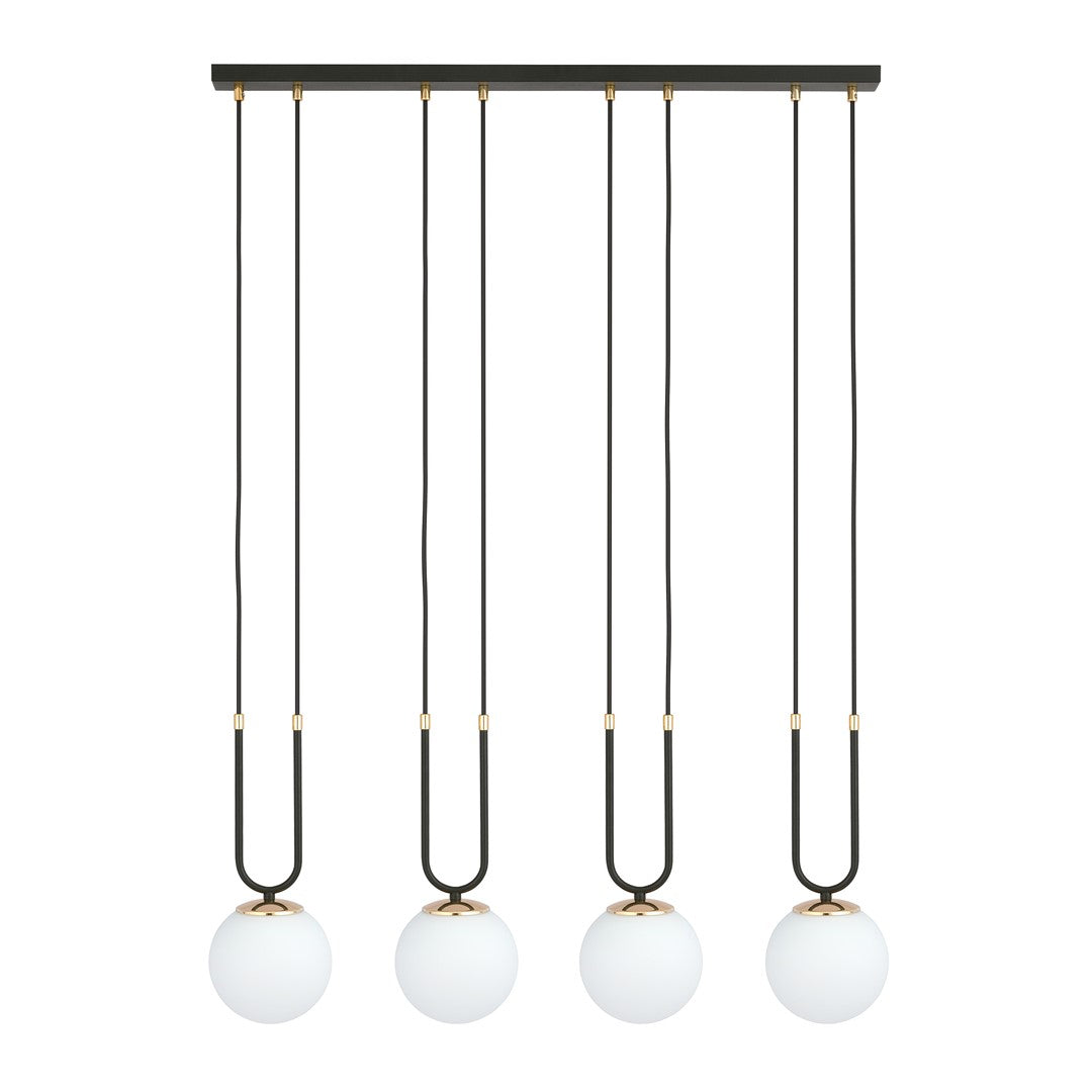Hanglamp Glam gepoedercoat staal en glas, retro, zwart met witte glazen kappen, 4 fittingen E14, eetkamer en woonkamer