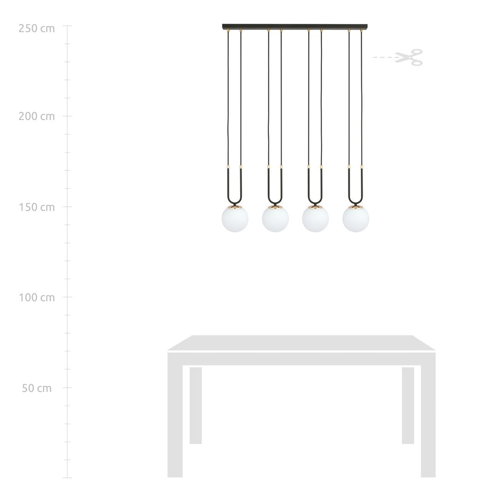Hanglamp Glam gepoedercoat staal en glas, retro, zwart met witte glazen kappen, 4 fittingen E14, eetkamer en woonkamer