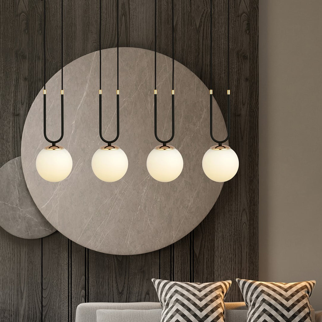 Hanglamp Glam gepoedercoat staal en glas, retro, zwart met witte glazen kappen, 4 fittingen E14, eetkamer en woonkamer