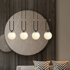 Hanglamp Glam gepoedercoat staal en glas, retro, zwart met witte glazen kappen, 4 fittingen E14, eetkamer en woonkamer