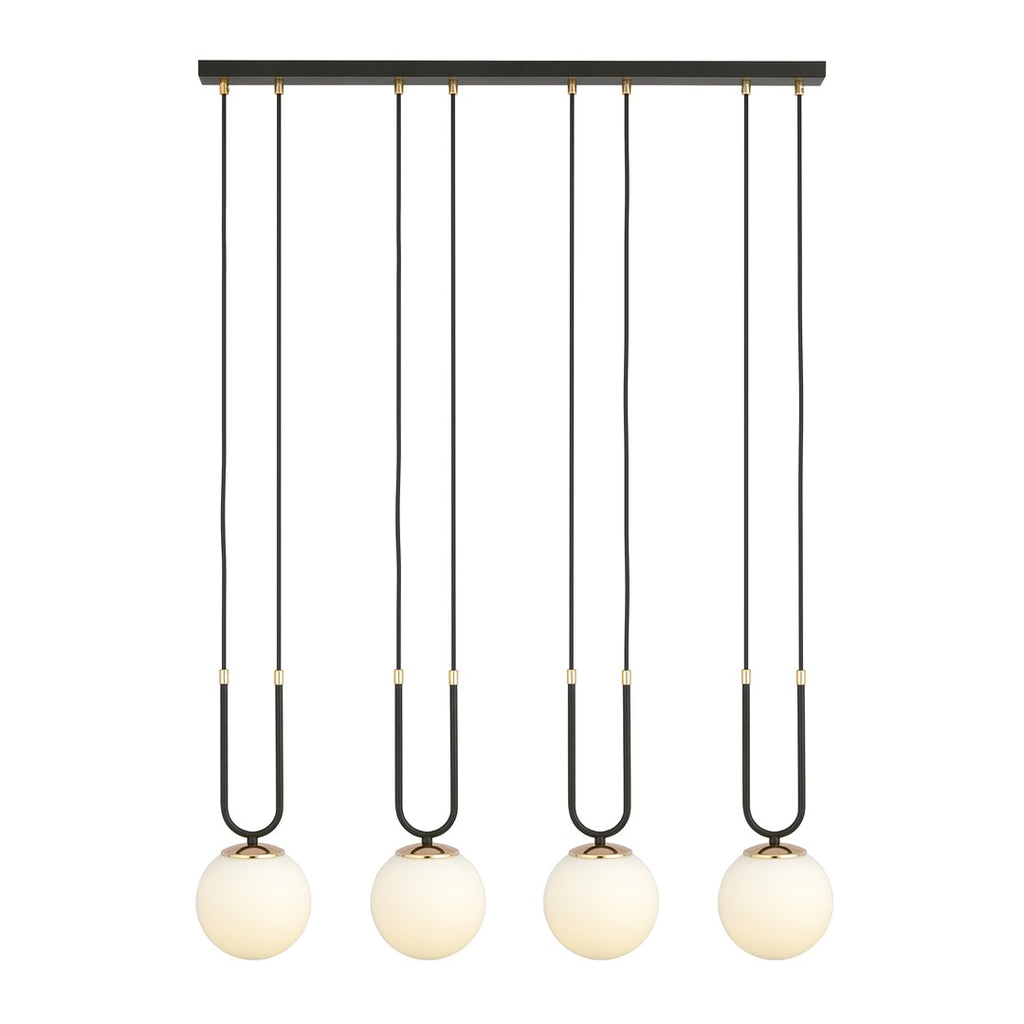 Hanglamp Glam gepoedercoat staal en glas, retro, zwart met witte glazen kappen, 4 fittingen E14, eetkamer en woonkamer